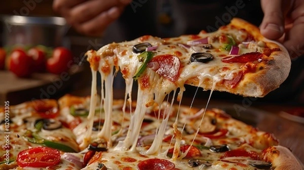 Fototapeta A hand lifting a pizza slice, the cheese stretch a testament to the perfect blend of toppings and melt