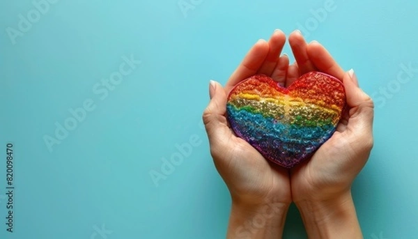 Fototapeta A person is holding a rainbow heart in their hand by AI generated image