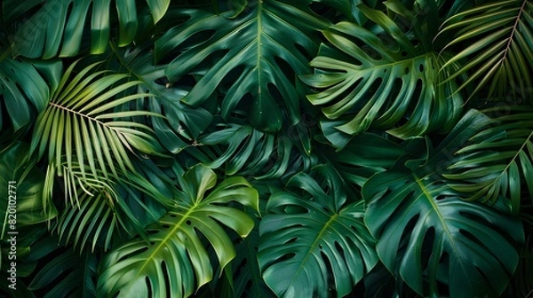 Fototapeta tropical palm leaf and shadow, abstract natural green background, dark tone textures