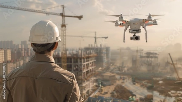 Fototapeta A man in a hard hat looks on as a drone with a camera records footage of a construction site.