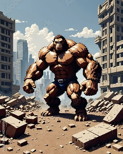 Fototapeta A cartoon gorilla in a collapsed building 8-bit