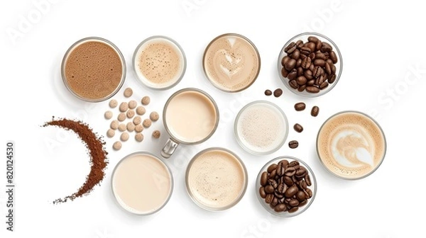 Fototapeta Flat lay of various coffee beverages, beans, and powdered ingredients on a white background, showcasing diverse coffee preparations..