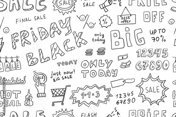 Fototapeta Seamless pattern of shopping retail sale and discount in doodle style. Numbers, tags, frames, sale lettering, promotion, labels sketch. Hand Drawn. Vector illustration isolated on white background.