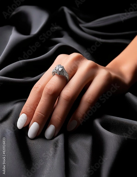 Obraz Mano con las uñas pintadas de blanco luciendo un elegante anillo de compromiso sobre una tela de raso negra brillante con textura. 2024.