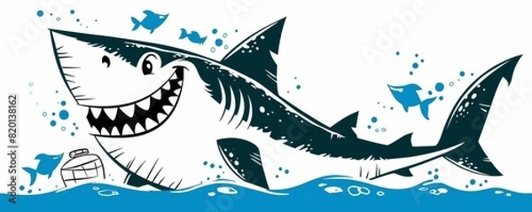 Fototapeta Brightly colored shark with a big smile, cartoon style, simplified and stylized, ideal for childrens book