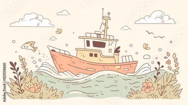 Fototapeta Little tugboat in cartoon style, vibrant and cheerful, simplified illustration for a baby s room decor