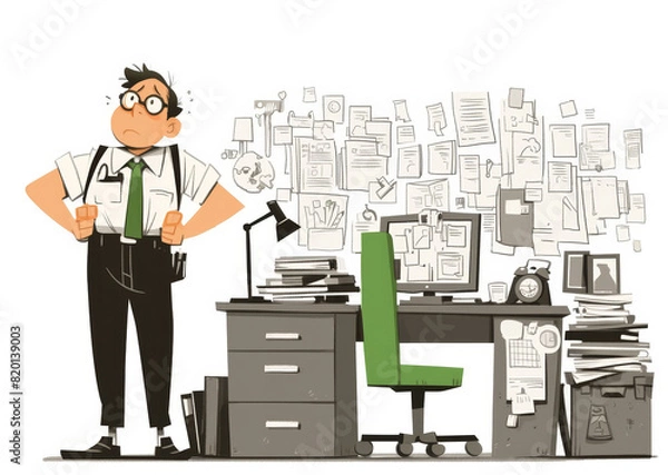 Fototapeta Animated worker at a computer, detailed office background, cartoon style with a light and humorous touch