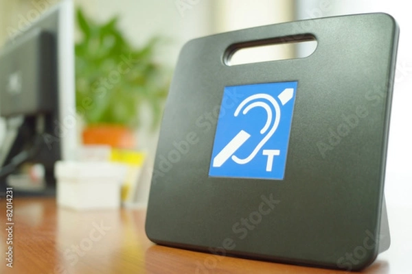 Fototapeta Pętla słuchowa, system pozycji T na biurku dla osób niesłyszących.