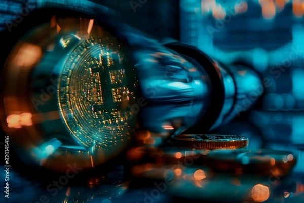 Fototapeta Bitcoin through a lens with stock in background 