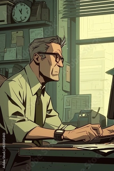 Fototapeta Animated style of a busy professional at a computer, vibrant office setting in the background, cartoonlike illustration