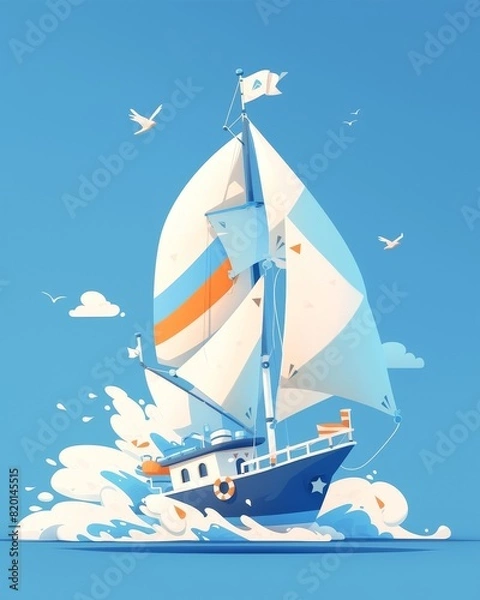 Fototapeta Brightly colored sailboat in cartoon style, playful waves, simplified design, ideal for a fun nursery poster