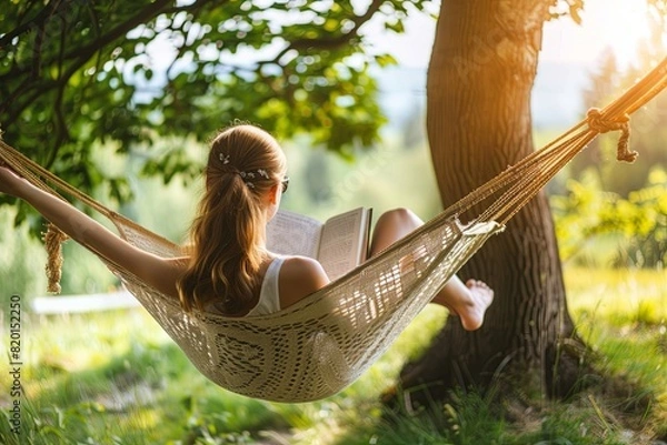 Obraz Woman Relaxing in a Hammock Reading a Book During a Sunny Summer Day