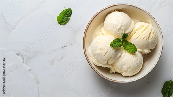 Fototapeta Creamy Vanilla Ice Cream in White Bowl with Fresh Mint Garnish on Marble Background