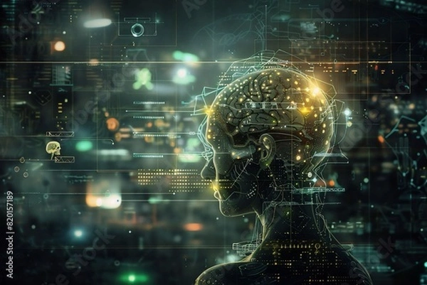 Fototapeta AI chip intelligence technology, Glowing Brain Visualization with Digital Network on Abstract Futuristic Background