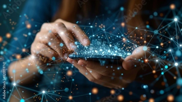 Fototapeta Futuristic online shopping technology enabling digital payments from mobile phones.