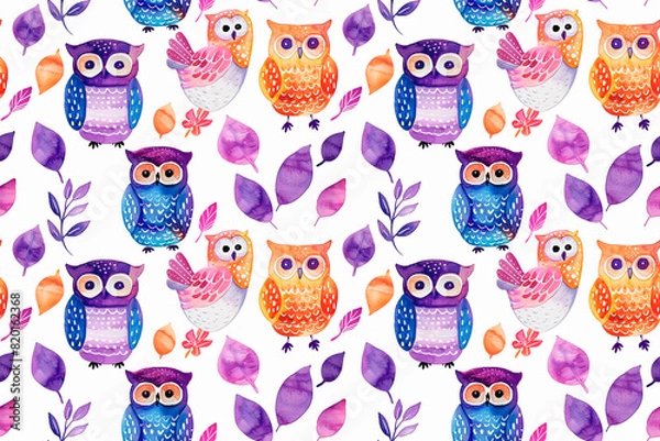 Fototapeta Seamless pattern with colorful owls and leaves on a white background. This decorative tile is perfect for children's room decor and playful themes.
