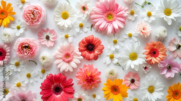 Fototapeta flowers lie on a white table close up view from above
