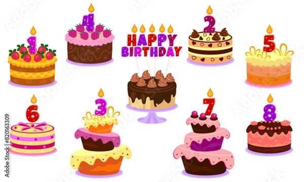Fototapeta Birthday cakes set with candles and numbers for 1, 2, 3, 4, 5, 6, 7, 8 years, vector. Happy birthday candle.