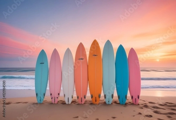 Obraz  A row of colorful surfboards on a beach at sunset , with the sun setting over the ocean in the background