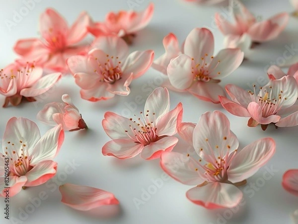Fototapeta Soft pink cherry blossoms scattered on a white surface, creating a serene and delicate floral composition.