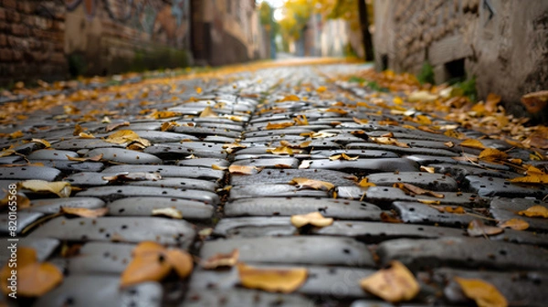 Fototapeta An alleyway during autumn with leaves scattered on the cobblestone path.