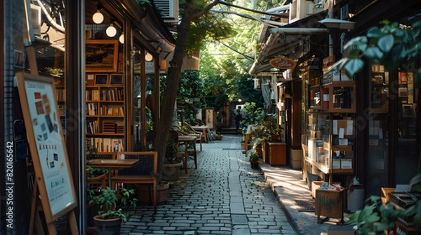 Fototapeta An alley with a small bookshop and cafe inviting passersby to explore and relax.