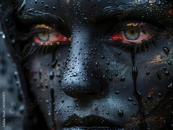 Fototapeta Moody close-up of a person with artistic black face paint, droplets, and intense gaze. Evokes feelings of mystery and depth.