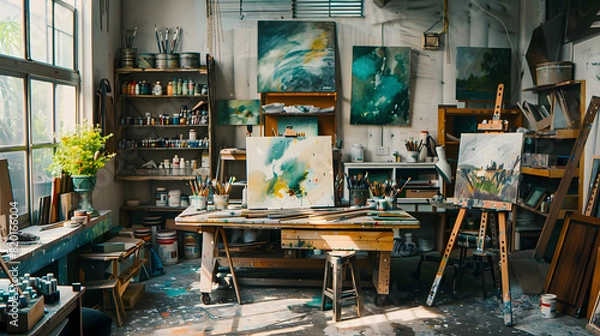 Fototapeta An artists retreat man cave with a studio space canvases paints and a relaxing area to draw inspiration.