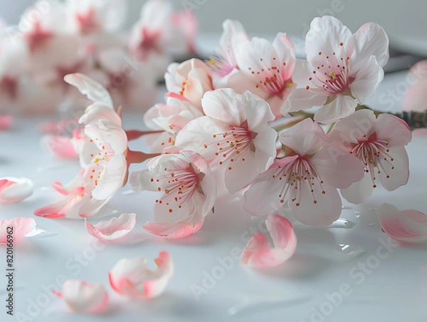 Fototapeta Tranquil image of a serene white surface adorned with a scattering of delicate pink and white cherry blossom petals