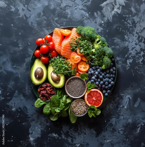 Obraz A variety of healthy foods are arranged on a plate including salmon, avocado, tomatoes, blueberries, chia seeds, and spinach.