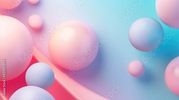 Fototapeta This image features a collection of abstract spheres in various pastel colors on a pink and blue dual-tone background, suggesting a playful and modern feel