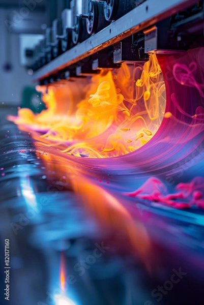 Fototapeta Vibrant colors seemingly flow from a paper sheet in a hightech printing process, capturing the essence of digital color transformation