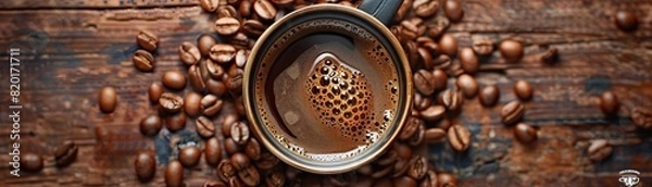 Fototapeta An overhead shot of a manual coffee dripper in action, fresh coffee slowly dripping into a ceramic mug, surrounded by roasted beans, central void area for text.