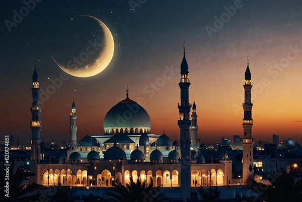 Fototapeta Crescent Moon With Beautiful Mosque On Evening Background