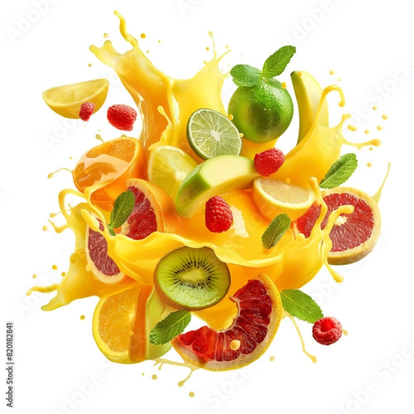 Fototapeta Colorful fresh fruit with a splash of fruit juice, isolated on a transparent background