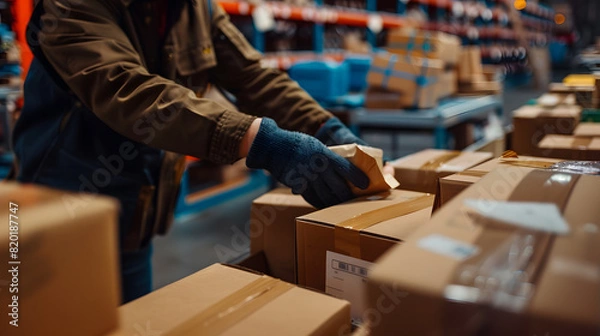 Fototapeta A courier sorting packages in a local depot.