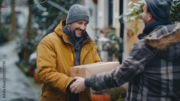 Fototapeta A customer receiving a package from a delivery driver.