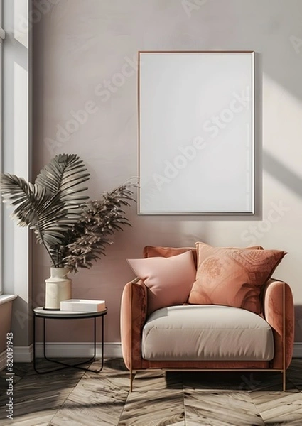 Fototapeta A blank picture frame mock-up in a modern furnished room