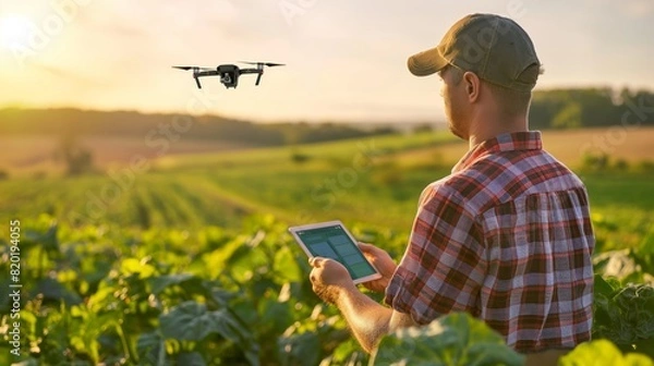 Fototapeta Farmer Operating Drone Over Cropland During Golden Sunset in Summer