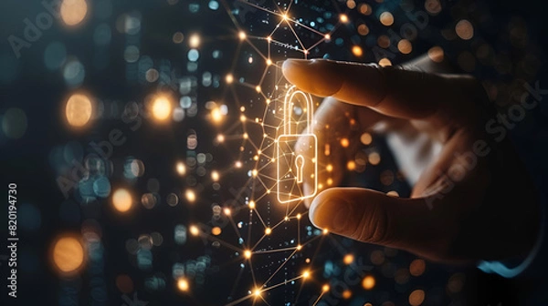 Fototapeta Hand touching cyber security / Ensuring Internet Safety through Advanced Cybersecurity Measures: Protecting Data and Privacy Online