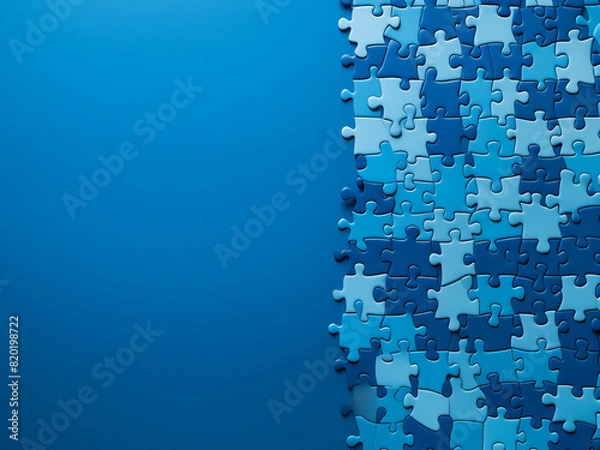 Fototapeta Colorful paper business puzzle pieces arranged on a blue table, offering space for text