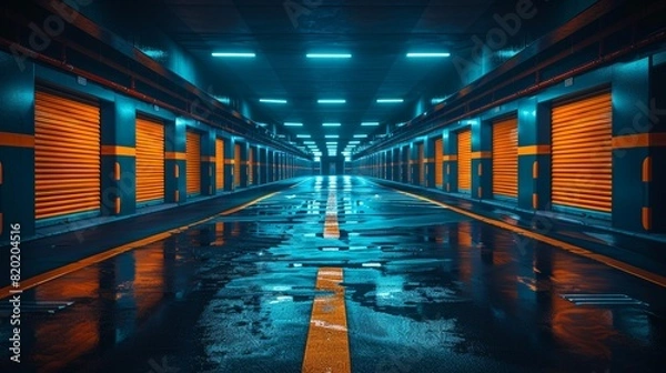 Fototapeta Corridor of self storage unit with yellow doors for renting storage spaces and personal items