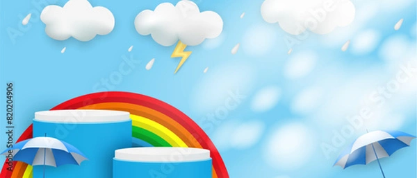 Fototapeta Rainy season theme product display podium. Design with clouds and rainbow on blue sky background. vector.