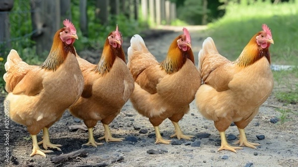 Obraz Chickens walking together on dirt road