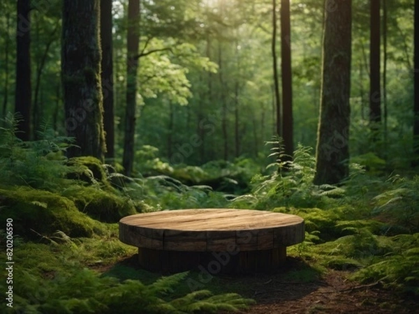 Fototapeta Mystical Wooden Round Pedestal in Green Forest Illustration, Featuring an Empty Product Podium Surrounded by Lush Green Trees, Perfect for Showcasing Natural Products in a Serene and Enchanted Forest 