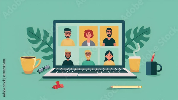 Fototapeta Modern and Minimalistic Digital Meeting: Professionals Collaborating in a Virtual Conference Room Illustration