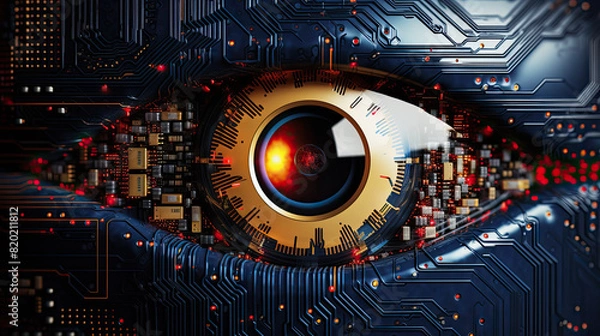 Fototapeta Close-up of eye with red iris, circuit board in background.