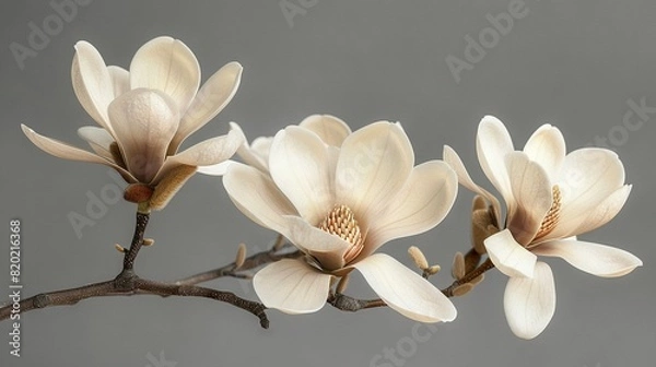 Fototapeta   A close-up of a flower on a branch against a gray background