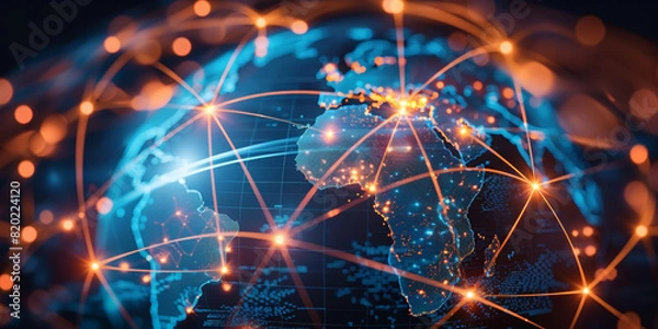 Fototapeta Digital world globe, concept of global network and connectivity on Earth, high speed data transfer and cyber technology, information exchange and international telecommunication