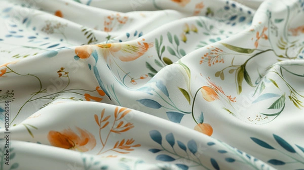 Fototapeta Close Up of White Fabric With Orange and Blue Flowers